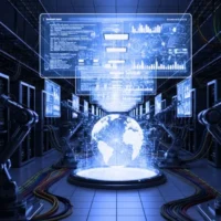 An abstract, glowing visualization of a database server rack