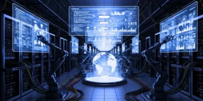 An abstract, glowing visualization of a database server rack