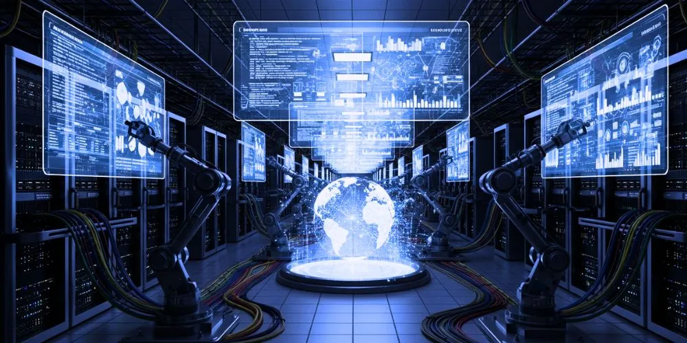 An abstract, glowing visualization of a database server rack