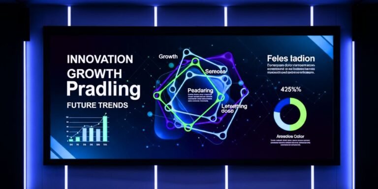 A person confidently presenting on a large, vibrant screen displaying a dynamic and visually rich presentation