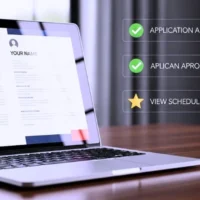 A confident job seeker smiles while reviewing their professionally designed resume on a sleek laptop screen.