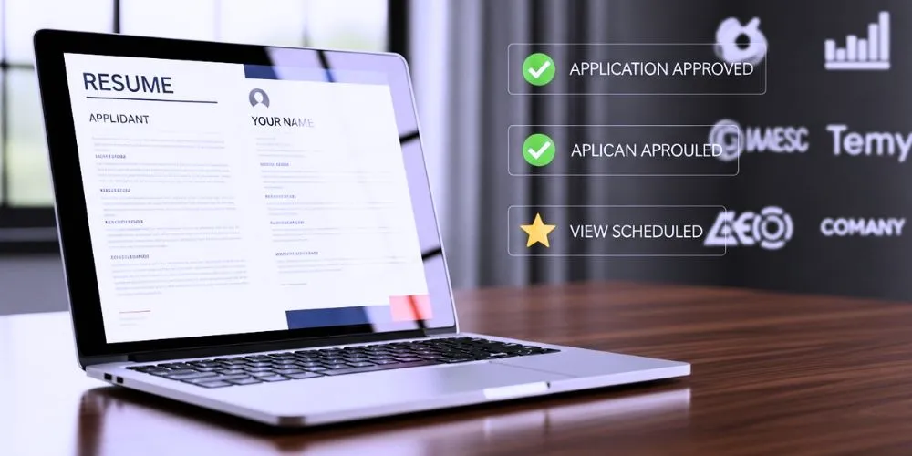 A confident job seeker smiles while reviewing their professionally designed resume on a sleek laptop screen.