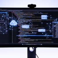 A developer's clean and modern desk setup, with a large, curved monitor displaying colorful lines of code in a sleek, dark-themed editor.