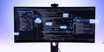 A developer's clean and modern desk setup, with a large, curved monitor displaying colorful lines of code in a sleek, dark-themed editor.