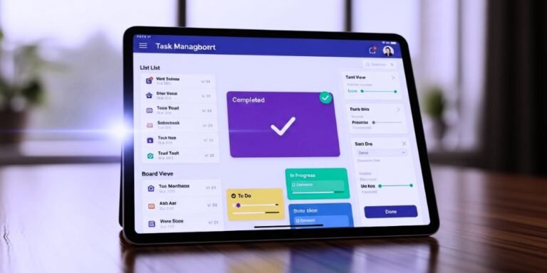 A person's hand is checking off a completed task on a vibrant, interactive task management dashboard displayed on a tablet.