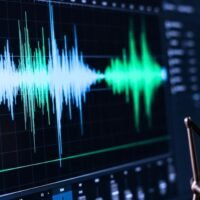 A close-up shot of a glowing audio waveform on a sleek computer monitor