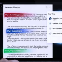A writer's screen showing text being corrected in real-time by an advanced grammar checker