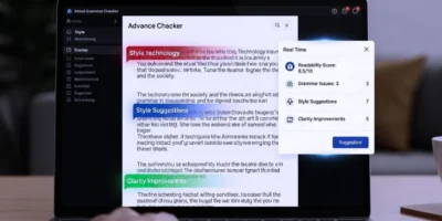 A writer's screen showing text being corrected in real-time by an advanced grammar checker