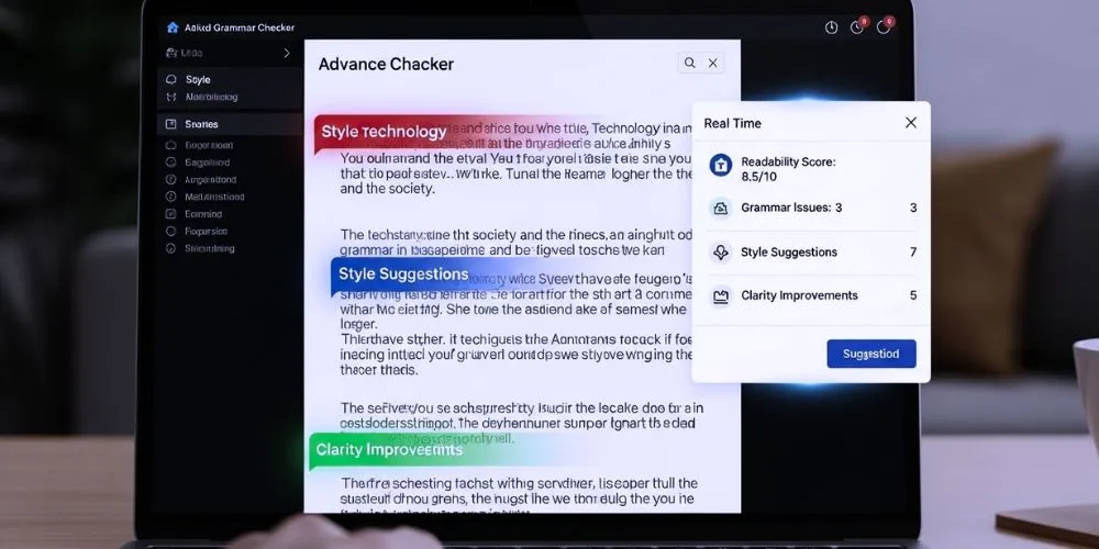 A writer's screen showing text being corrected in real-time by an advanced grammar checker