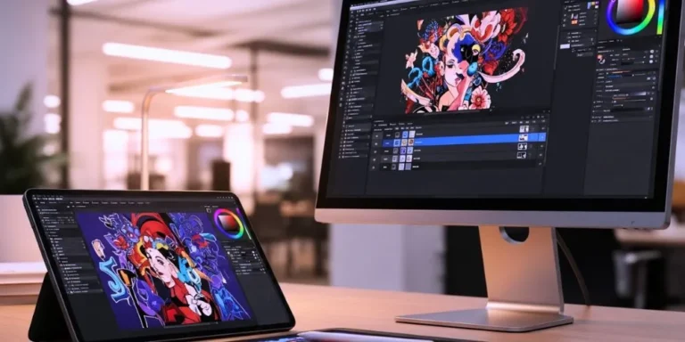 A graphic designer at a sleek, modern workstation, using a stylus on a tablet to create a vibrant digital illustration.