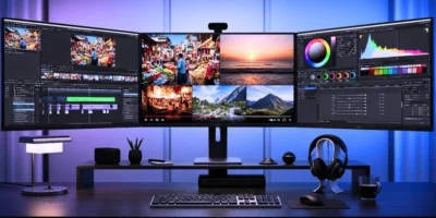 A video editor sits at a sleek