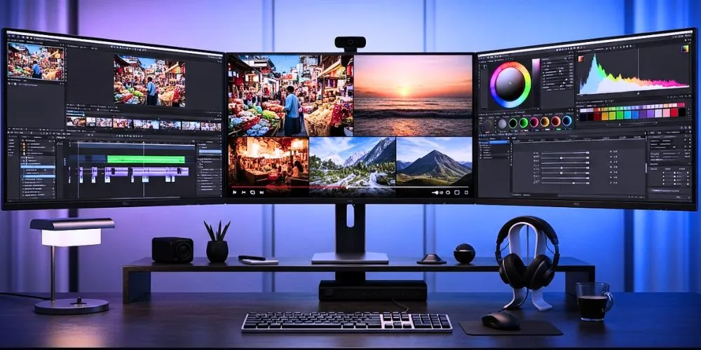 A video editor sits at a sleek
